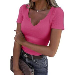 Women’s V-Neck Ribbed Henley Shirt – Fitted Short Sleeve Knit Top